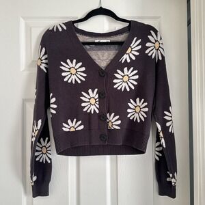 Hollister Daisy Cardigan Sweater Womens XXS Button Front Dark Gray Knit Floral‎